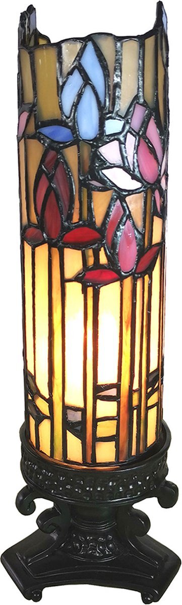HAES deco - Tiffany Tafellamp 15x15x27 cm Beige Blauw Glas Rechthoek Bloemen Tiffany Lampen Nachtlampje Glas in Lood