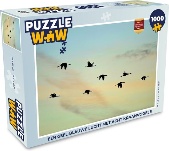 MuchoWow Puzzel Een geel-blauwe lucht met acht kraanvogels - Legpuzzel - Puzzel 1000 stukjes volwassenen