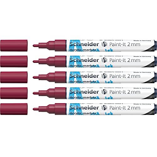 Schneider Paint-It acrylstiften (met 2 mm ronde punt, hoogdekkende acrylverf voor hout, canvas, steen en nog veel meer.) 5-pack, bordeauxrood