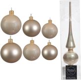 Kaemingk B.V. Grand paquet boules de Noël en verre champagne brillant/mat 50x pièces - 4-6-8 cm incl. étoile brillante 26 cm