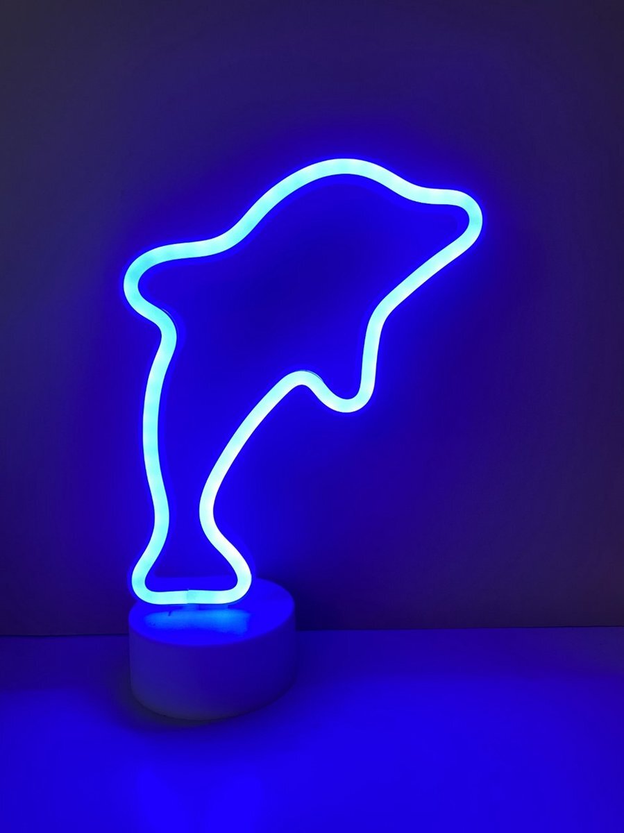 Impuls LED dolfijn met neonlicht - blauw neon licht - Op batterijen en USB - hoogte 26.5 x 17 x 8.5 cm - Tafellamp - Nachtlamp - Decoratieve verlichting - Woonaccessoires