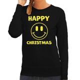 Bellatio Decorations foute kersttrui/sweater dames - Happy Christmas - zwart - glitter geel - Smile / Emoticon XL