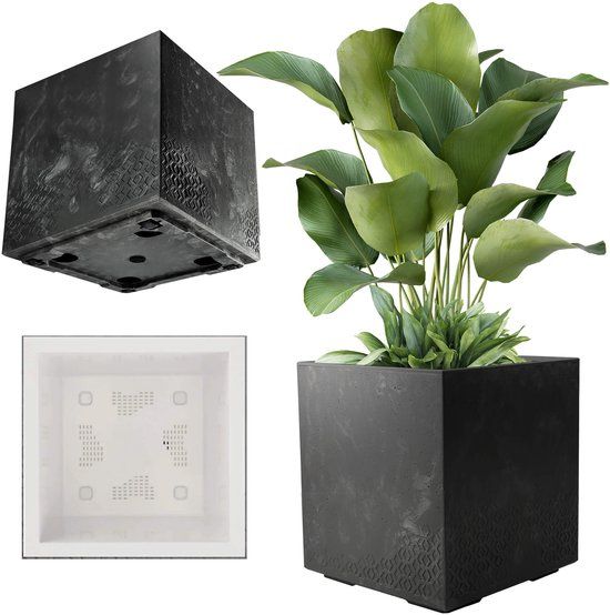 KADAX Plantenbak van kunststof, 39x39cm, vierkante bloempot met wieltjes, betonlook, zwart