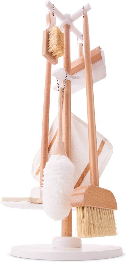 Woet New Classic Toys Houten Speelgoed Schoonmaakset met Standaard - 6-delig met Bezem, Dweil, Stoffer & Blik - FSC - Rollenspel Schoonmaken - Vanaf 3 Jaar