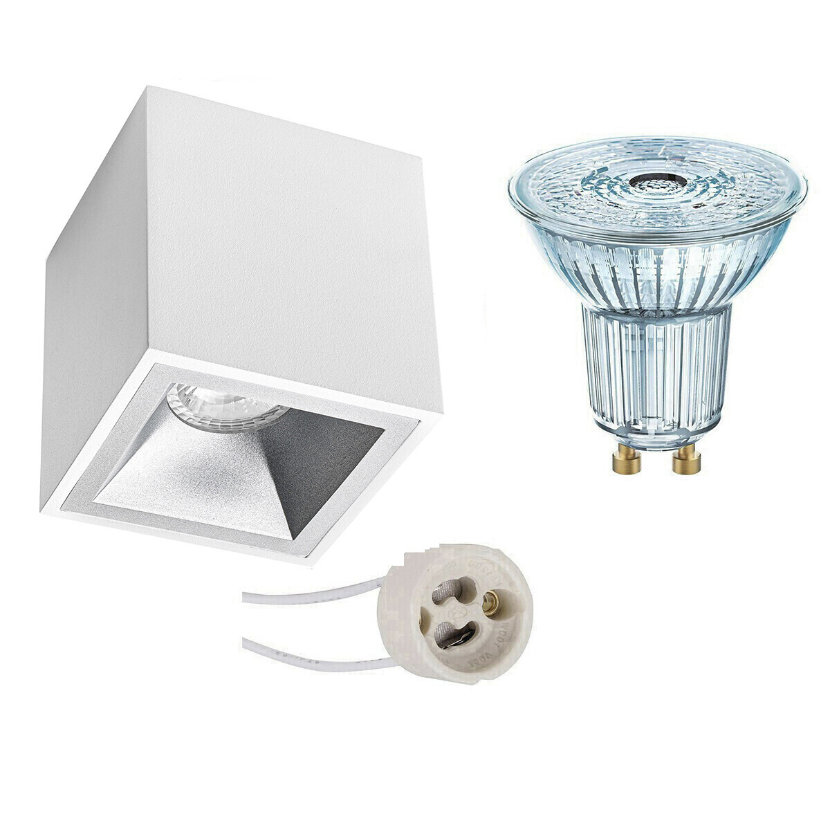 Osram Voordeelset - Opbouwspot Set - Parathom PAR16 927 36D - Pragmi Cliron Pro - GU10 Fitting - Dimbaar - Opbouw Vierkant - Mat Wit/Zilver - 5.5W - Warm Wit 2700K - Verdiept - 90mm