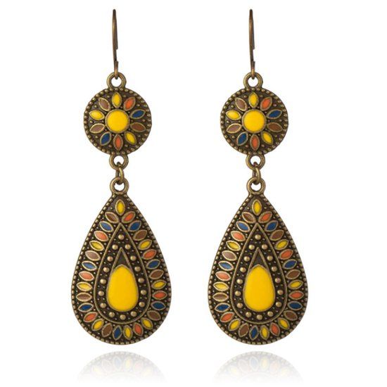 Deja Jewels Lookinggoodtoday Druppelvorm Bohemian oorbellen hangers multicolor gele steen