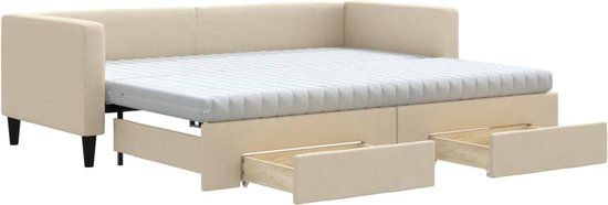 vidaXL Slaapbank met onderschuifbed en lades 80x200 cm stof crèmekleur