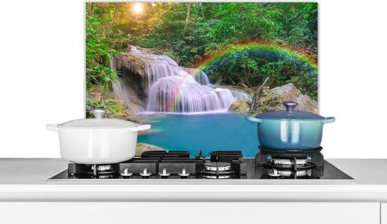 KitchenYeah Spatscherm keuken 70x50 cm - Kookplaat achterwand Regenboog - Zon - Waterval - Natuur - Muurbeschermer - Spatwand fornuis - Hoogwaardig aluminium