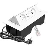 GTV – Inbouwcontactdoos MULTISOFT wit met 2x stopcontact met aarding, USB A+C, RJ45, intrekbaar met afdekking, 1,5 m kabel, voor keuken, kantoor, vergader- en werktafel