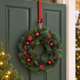Couronne de porte décorée - D34 x 9 cm - rouge - avec cintre de porte rouge - couronne de Noël