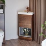 Hudson Reed Meuble lave-mains d'angle WC moderne - Avec niche - 45 cm - Vasque - Chêne foncé - Avec LED