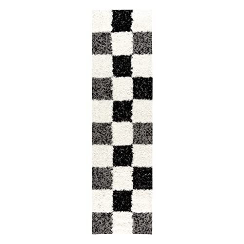 Mynes Home Shaggy tapijt hoogpolig zwart grijs wit 30 mm / langpolig tapijten geruit / loper gang / 70x250 cm