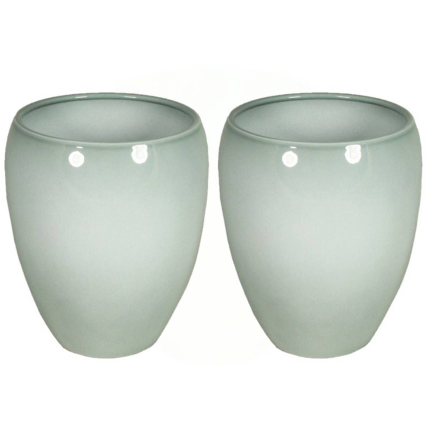 Floran 2x stuks bloemen vaas/vazen glanzend misty groen van keramiek D16 x H19 cm - Bloempot/plantenpot/bloemenvaas