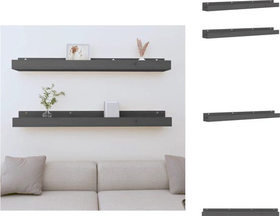 vidaXL Wandschappen - 2 stuks - 110x12x9 cm - Massief grenenhout - Grijs