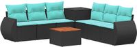 vidaXL Bankstel Zwart en Blauw Poly Rattan en Staal