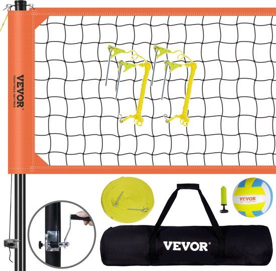 VEVOR Volleybalnet in Hoogte Verstelbare Volleybalnetset, 9,7x2,4m Draagbaar Strandvolleybalnet, Oranje Volleybalnet Opvouwbaar Volleybalnet met Volleybal en Draagtas, voor Tuin, Strand