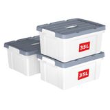 Cetomo 35L x 3 opbergdozen, plastic opbergdoos met deksels, organiserende container met handvat en veilige vergrendelende gespen, stapelbaar, nestbaar, draagtas voor thuiskantoor kleding, 35L-3Pack
