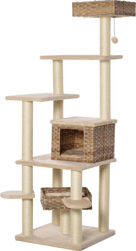 PawHut Krabpaal met Kattengrot - Beige & Bruin - 174cm - Meerdere Verdiepingen