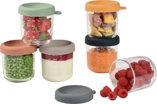 Beaba Set Glazen Bewaarpotjes - 6x 250 ml - Hermetisch Afsluitbaar - Sunrise Colormix