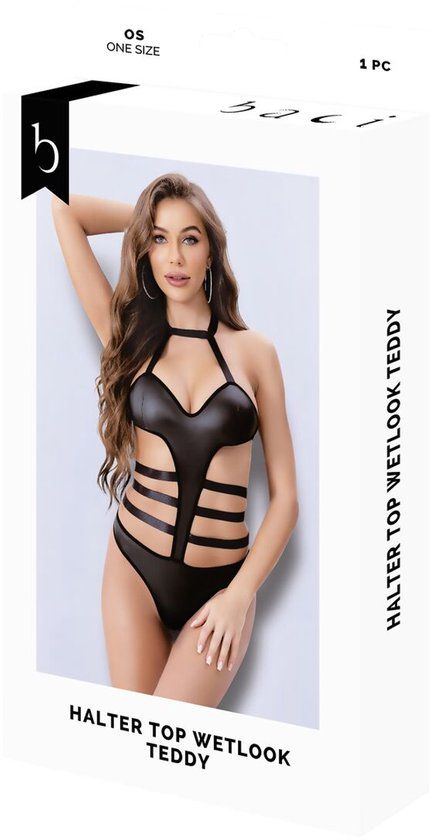 Baci Lingerie Halter Top wetlook teddy, One size - Zwart