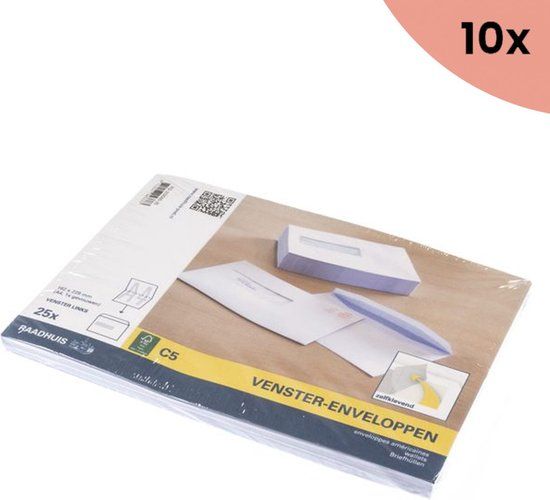 10x Envelop Raadhuis 162x229 C5 VL dienst plakstrip wit 80gr 25 stuks