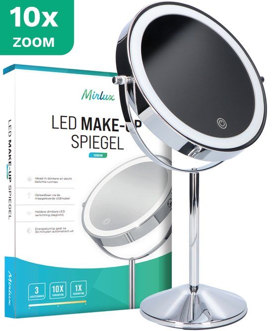 Personal Care Mirlux Make Up Spiegel met LED Verlichting - 10x Vergroting - Chroom