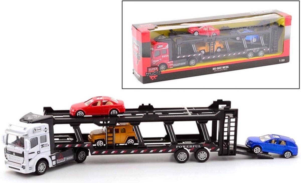 Johntoy Auto Transporter met 3 auto's Werkvoertuig