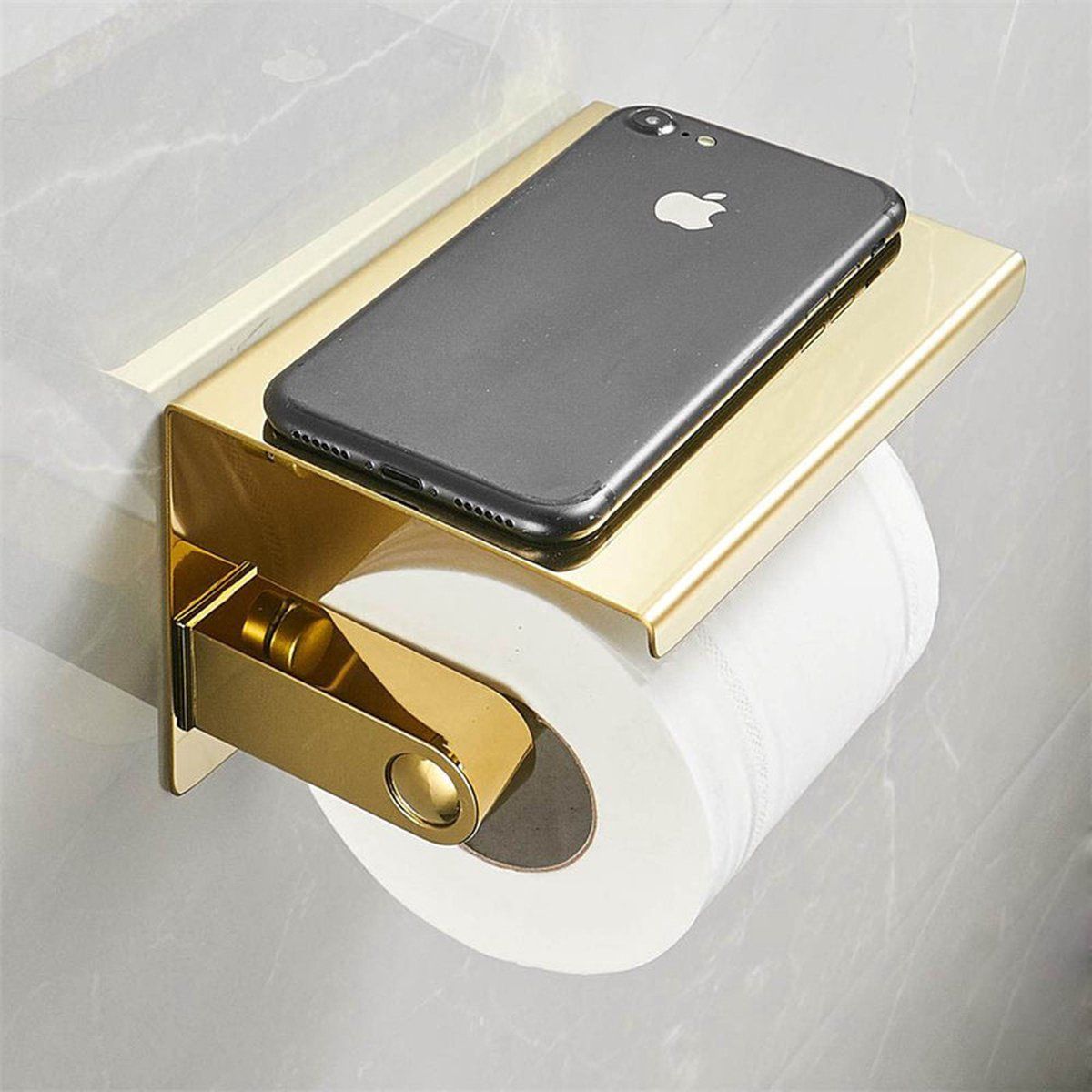 TDR Toiletrolhouder met Plankje - RVS - Goud - Badkamer Accessoires