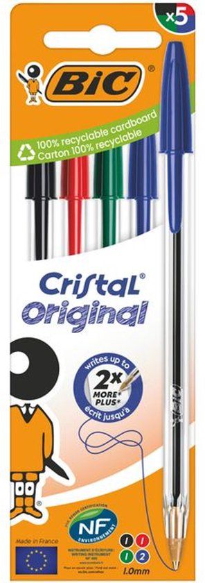 BIC Cristal balpen | medium | blister van 5 stuks: zwart | rood | groen en 2 x blauw
