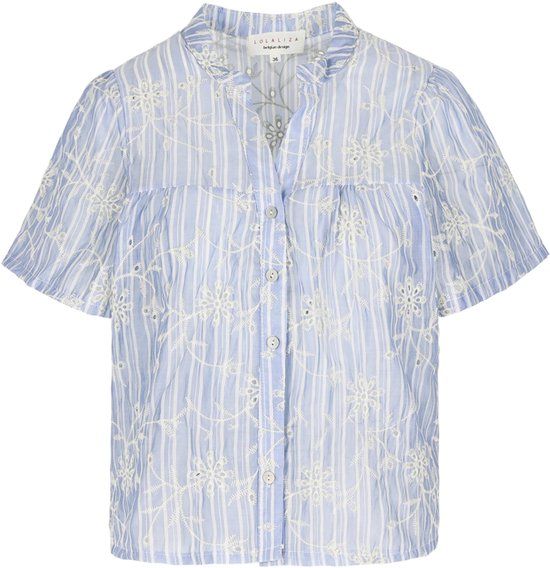 LolaLiza Gestreepte blouse met V-hals en korte mouwen - Blauw - Maat 38