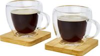 Seasons Dubbelwandige koffieglazen 100 ml - set van 2x stuks - met bamboe onderzetters - Espresso glazen
