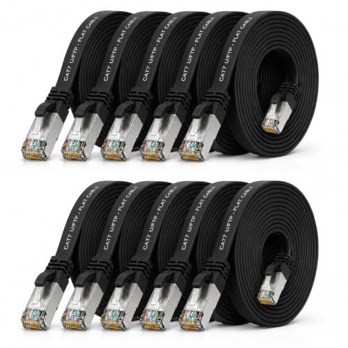 1aTTack.de 5m - zwart - 10 stuks CAT.7 Gigabit Ethernet LAN platte lintkabel (RJ45) netwerkkabel onbewerkte kabel (10 Gbit/s) installatiekabel plat slank compatibel met Cat.5 - Cat.5e - Cat.6
