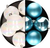 Decoris Boules de Noël - 12x pièces - 8 cm - Blanc nacré et Bleu - Plastique