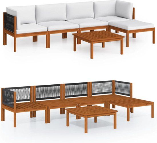vidaXL 6-delige tuinloungeset met kussens crèmekleurig acaciahout en touw