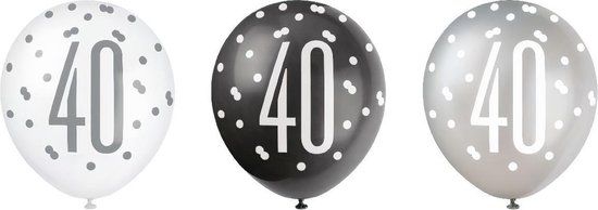 Merkloos / Sans marque Ballonnen 40 jaar Glitz Zwart Zilver - 6 stuks