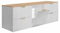 3xE living Meuble sous lavabo suspendu avec panier à linge, blanc / chêne clair, poignées noires, 160 x 46 x 57 cm