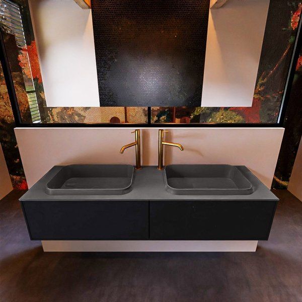 Mondiaz ERIN 150cm badmeubelset onderkast Urban met 2 lades - Wastafel RIDGE dubbel 2 kraangaten Dark grey - ERIN11558