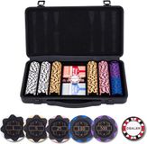 Longfield Pokerset 300 Chips 14 gram - Waarde Chips €1 €5 €25 €100 €500 - Zwarte Aluminium Koffer - Dealer Button