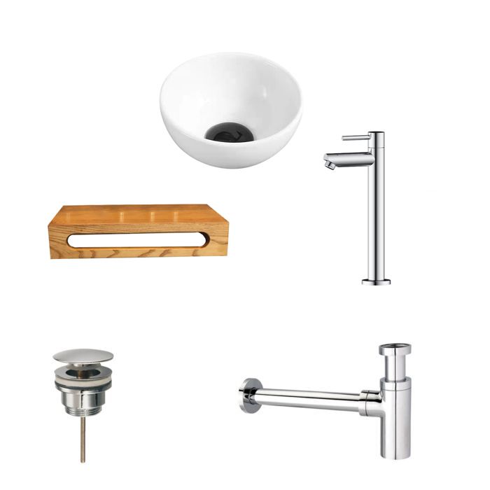 Waskom Keramiek Wit Rond 40x22x8 cm met Massief Hout Planchet, Kraan, Afvoer en Sifon