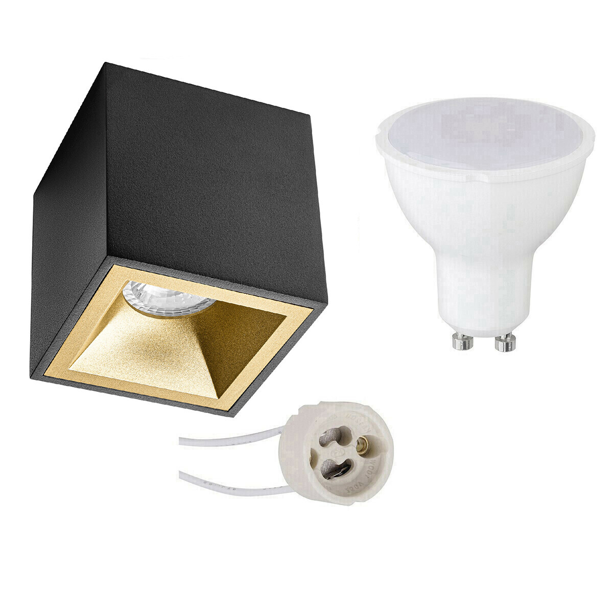 BES LED Voordeelset Opbouwspot Set - Pragmi Cliron Pro - GU10 Fitting - Dimbaar - Opbouw Vierkant - Mat Zwart/Goud - 6W - Natuurlijk Wit 4200K - Verdiept - 90mm