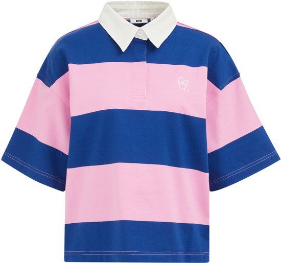 WE Fashion Dames oversized polo met blokstreep en embroidery