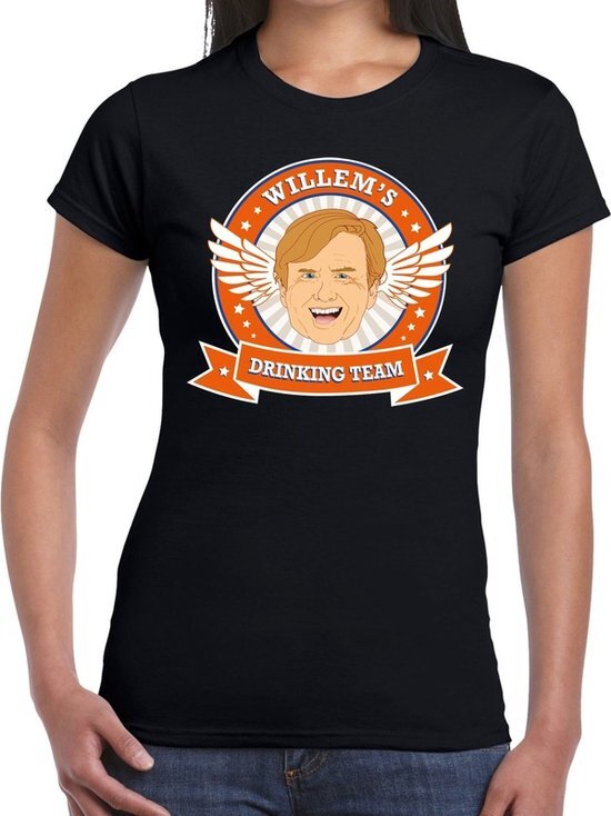 Bellatio Decorations Koningsdag Willem drinking team t-shirt zwart dames - Koningsdag kleding 2XL