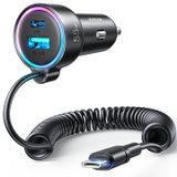JOYROOM JR-CL07 Autolader met USB-C Spiraalkabel en Snellaadpoorten - Zwart