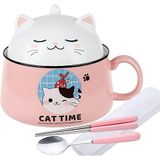 lachineuse Japanse Ramen kom met deksel - Kawaii kattenkom - instant noedels en ontbijtschaal - met bestek - cadeau-idee Anime Japan - Chinese kom voor kinderen en volwassenen - roze