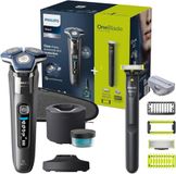 Philips Series 7000 – Elektrisch scheerapparaat voor nat en droog gebruik, SkinIQ-technologie in donker chroom, uitklapbare trimmer, snelreinigingscapsule, en Philips OneBlade (S7887/78 en QI1864/20)