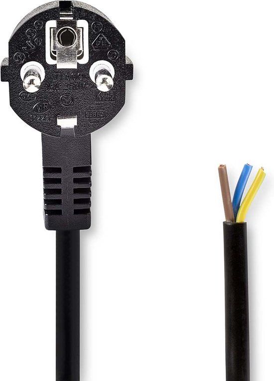 Nedis Stroomkabel - Type F (CEE 7/7) Male - Open - Gehoekt - Recht - Vernikkeld - 2.00 m - Rond - PVC - Zwart - Label