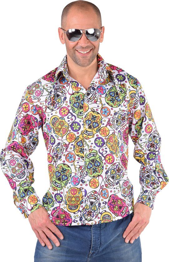 Magic by Freddy Day of the Dead Halloween blouse met schedels Verkleedkleding heren maat XXL (62-64)