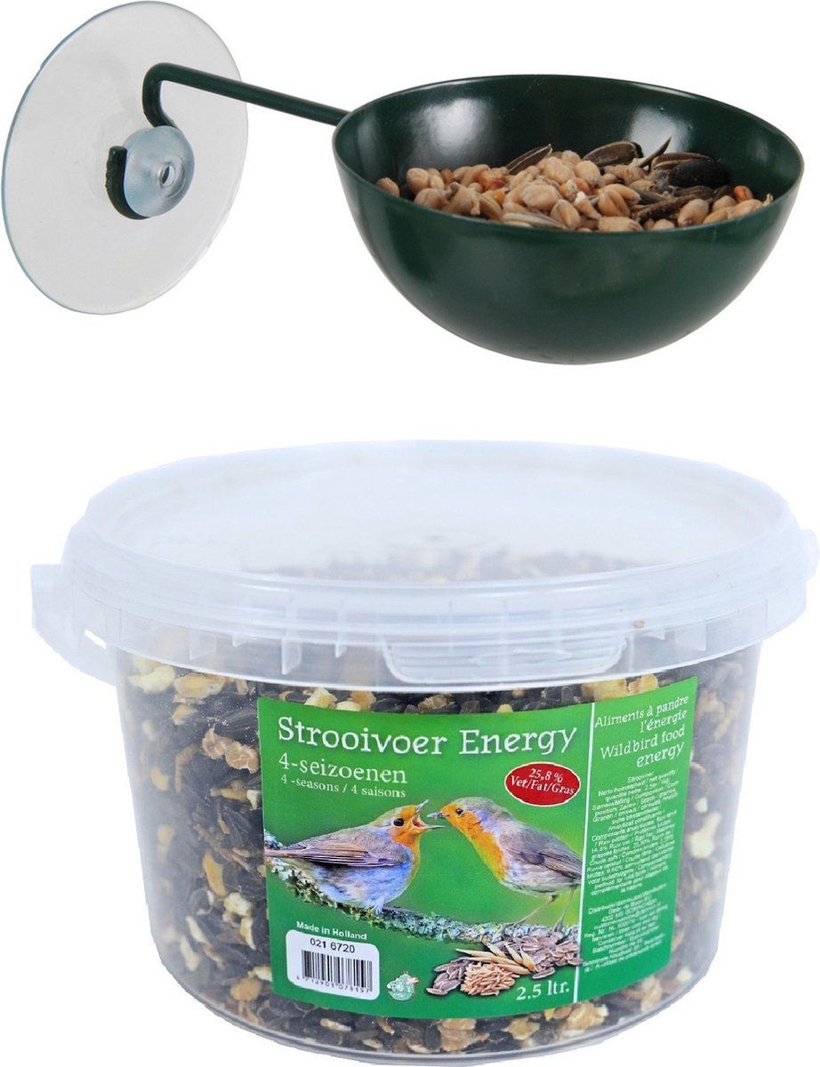 Esschert Design Raamvoederbakje voor vogelvoer 12 cm donker groen + 4-seizoenen energy vogelvoer