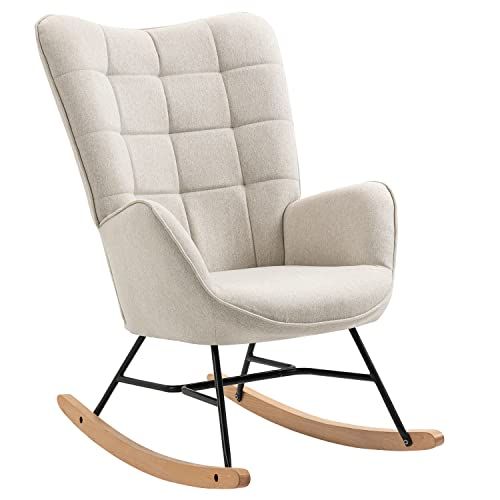 MEUBLE COSY Schommelstoel, relaxstoel, gestoffeerd, beige/hout