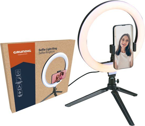 Grundig Ringlamp Selfie Light 10 Inch - Ringlight met Statief en Telefoonhouder - Tiktok Lamp met 120 LED - Ring Light voor Foto's en Video's - Flexibele Nek - Zwart